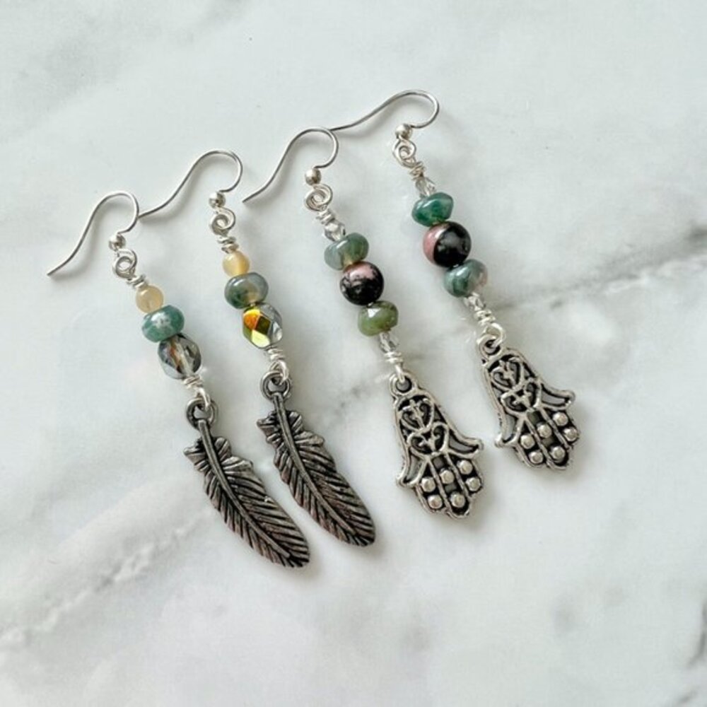 2 Pairs of Earrings Beaded Feather Earrings Hamsa Earrings